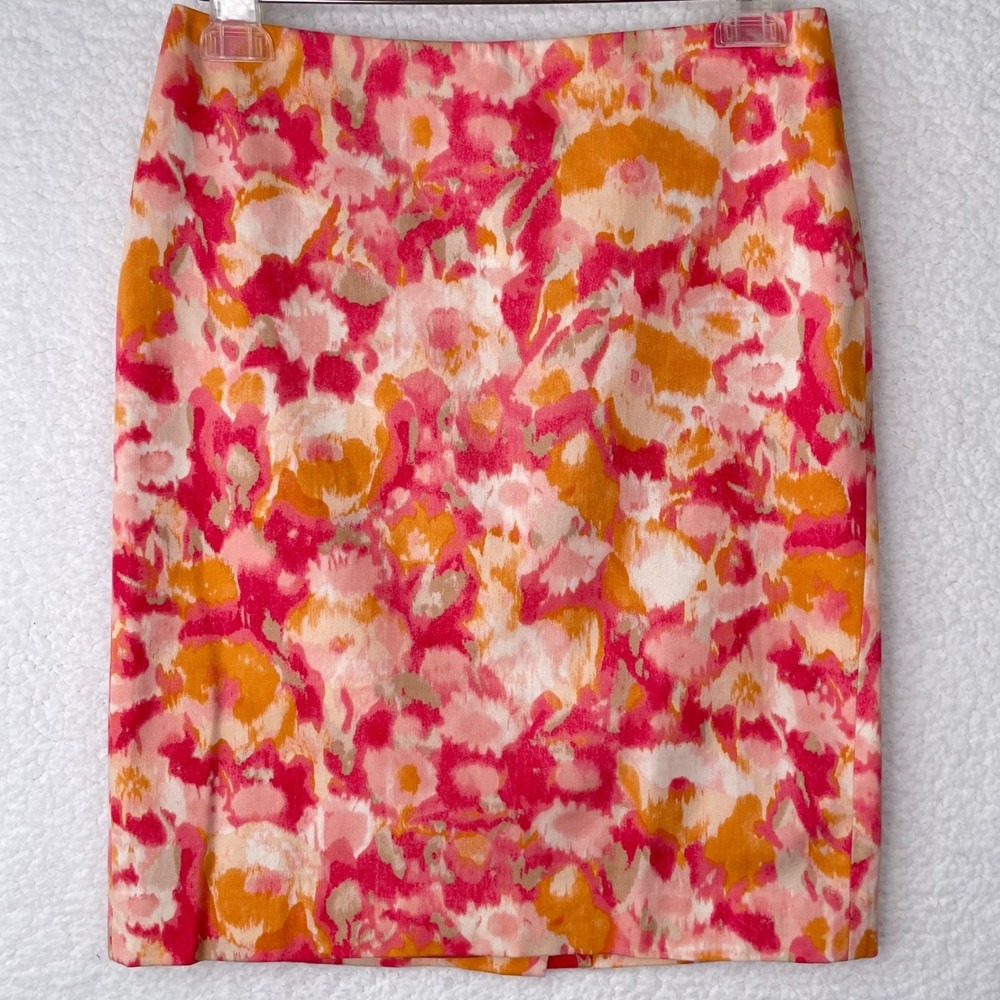 Talbots Petites Pink Orange Floral Watercolor Pencil Skirt Size 2P Cotton Blend